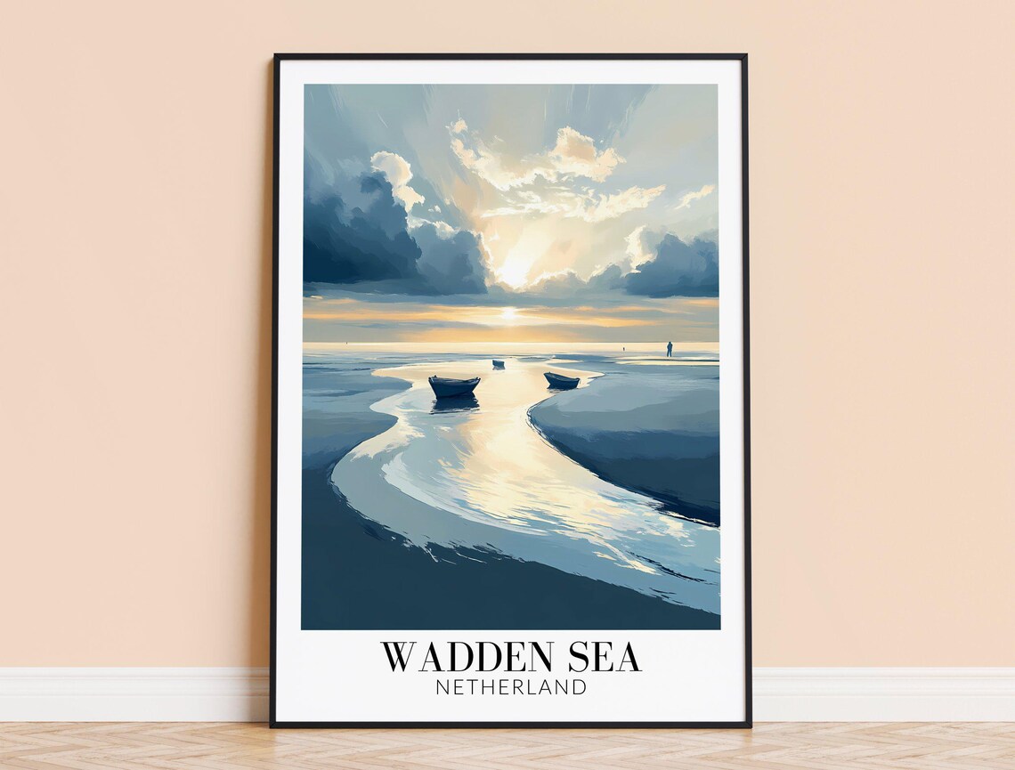 Wadden Sea Netherlands Sunset Tidal Flats Boats Travel Poster