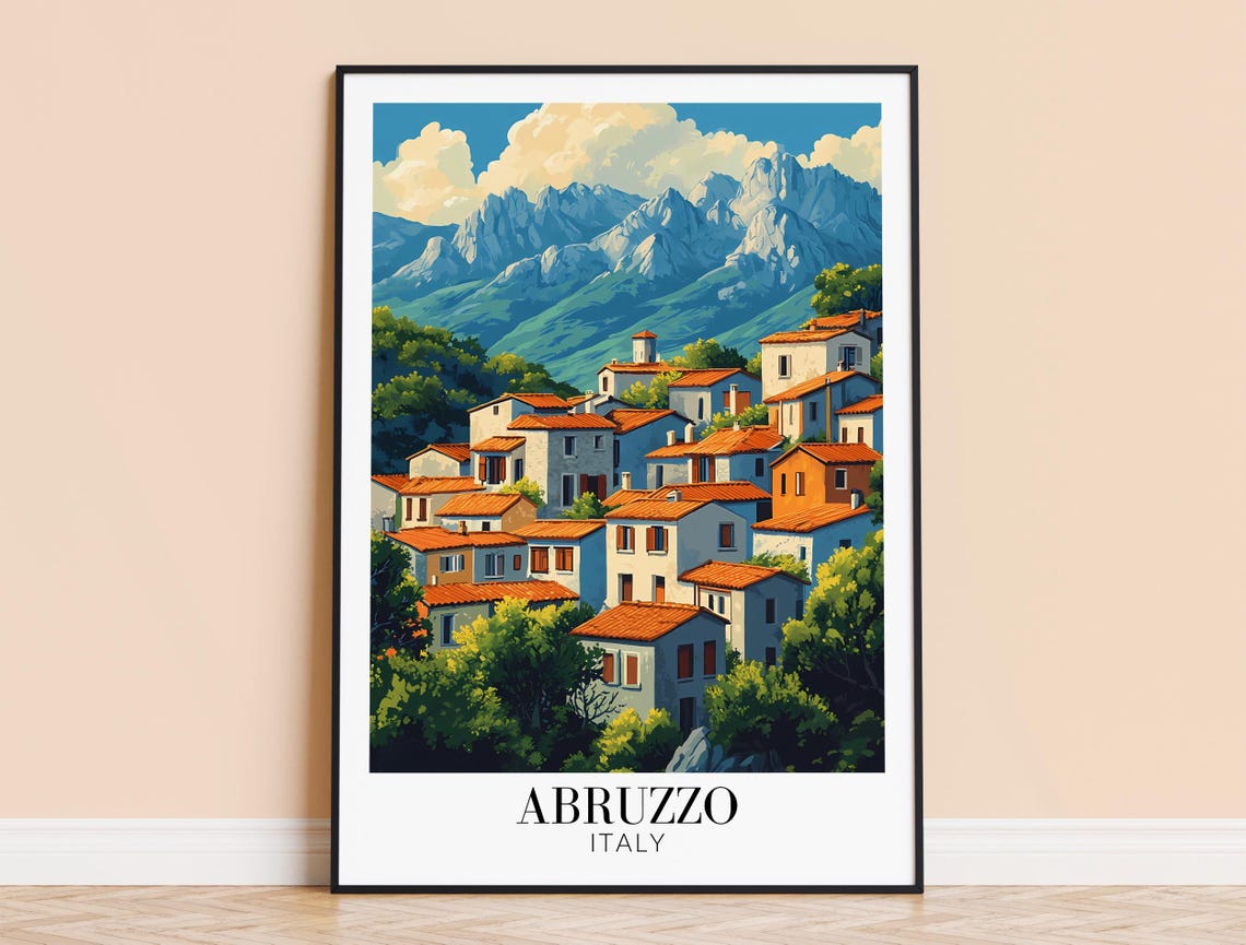 Abruzzo Hilltop Village Terracotta Rooftops Scene Travel Poster