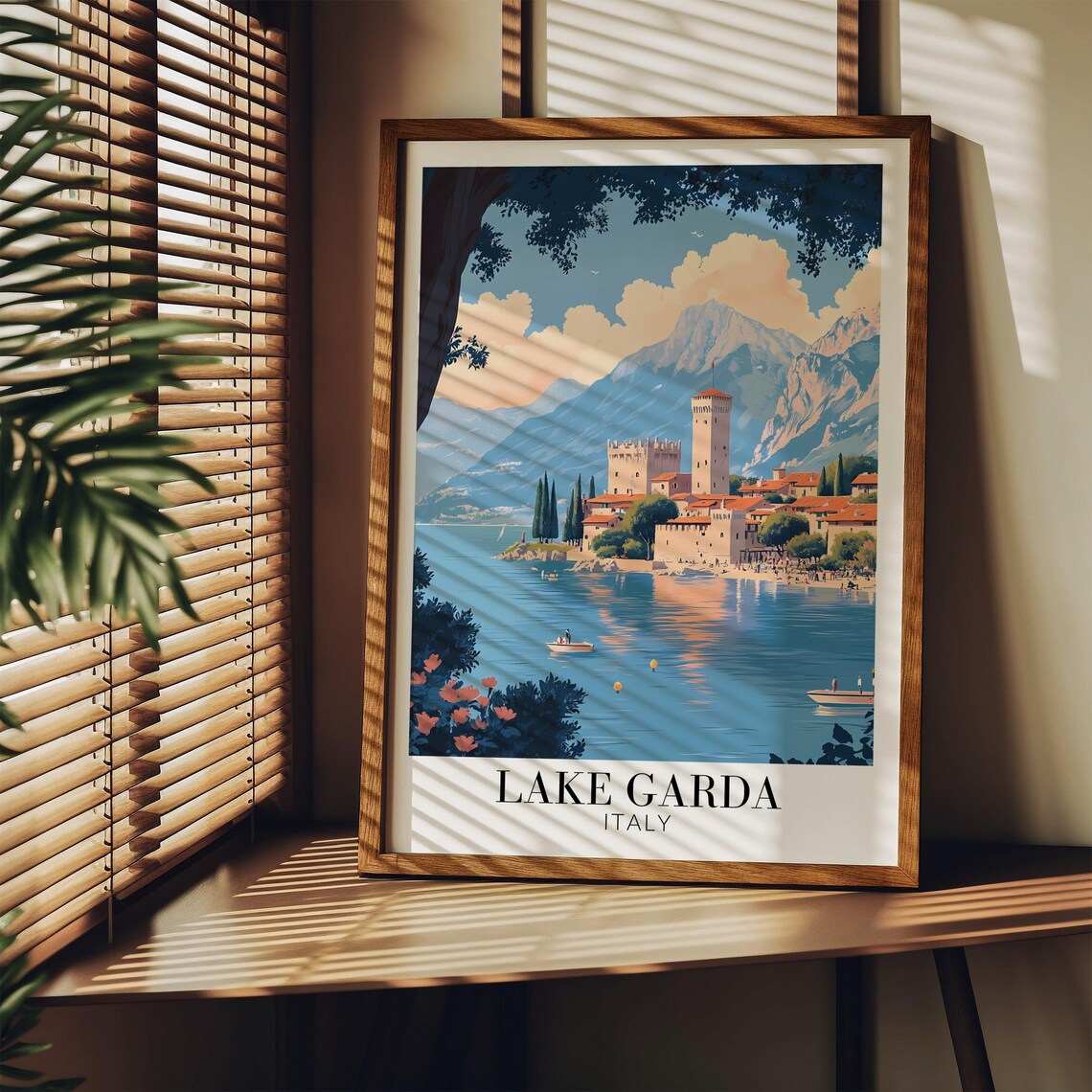 Lake Garda Italy Medieval Tower Lakeside Mountain Town Travel Poster - Image 3