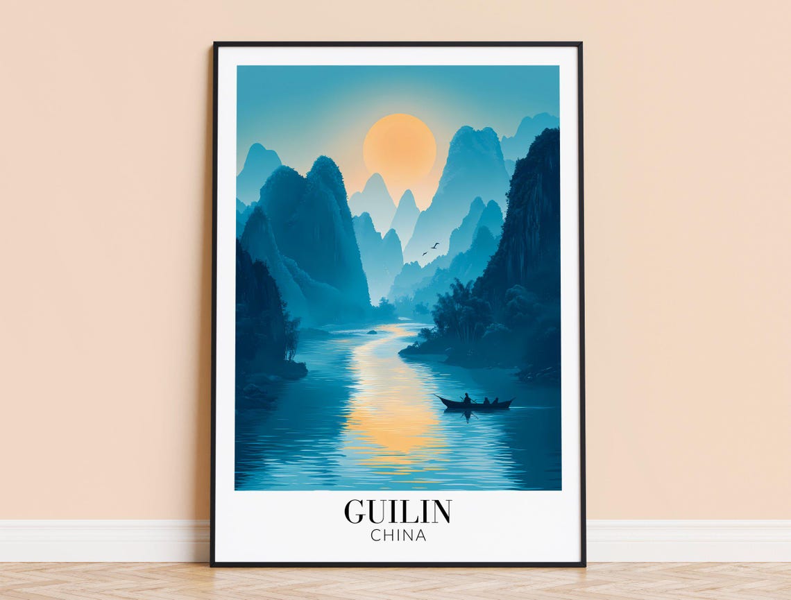 Guilin China Blue Karst Mountain River Sunset Travel Art Poster