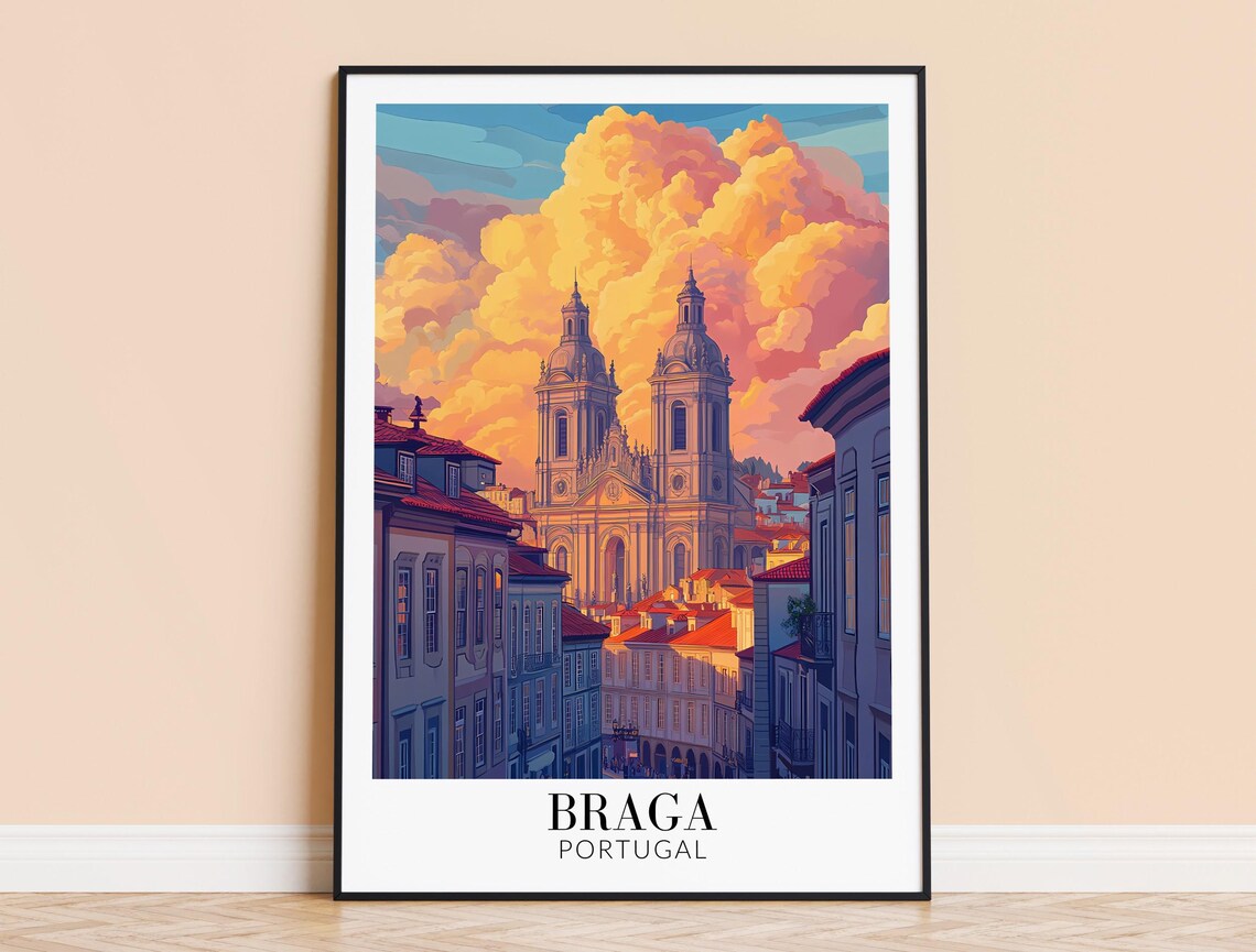 Braga Portugal Twin Tower Cathedral Sunset Old Town Street Poster