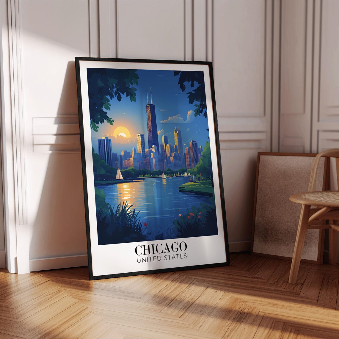 Chicago Skyline Willis Tower Lake Michigan Sunset Travel Poster - Image 3