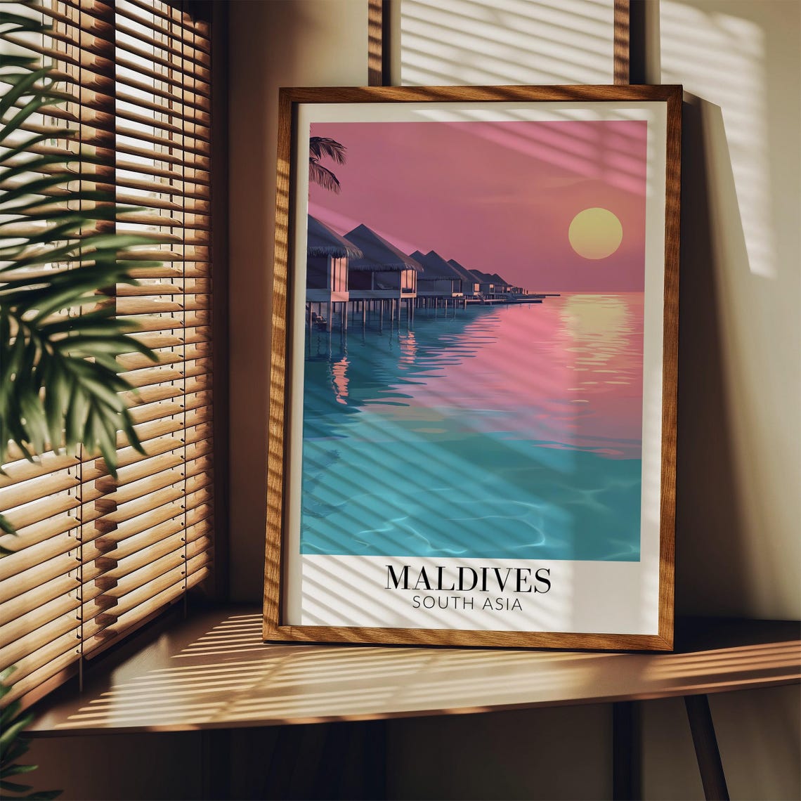 Maldives Pink Sunset Overwater Villas Glassy Calm Water Poster - Image 3