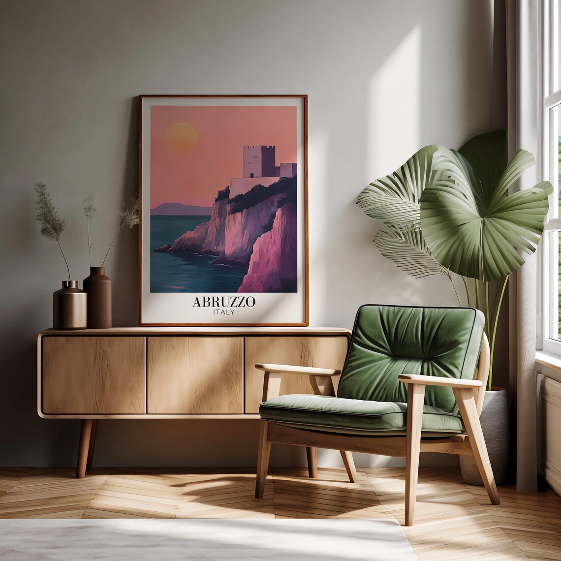 Abruzzo Coastal Cliff Castle Rosy Pink Sunset Glow Travel Poster - Image 2
