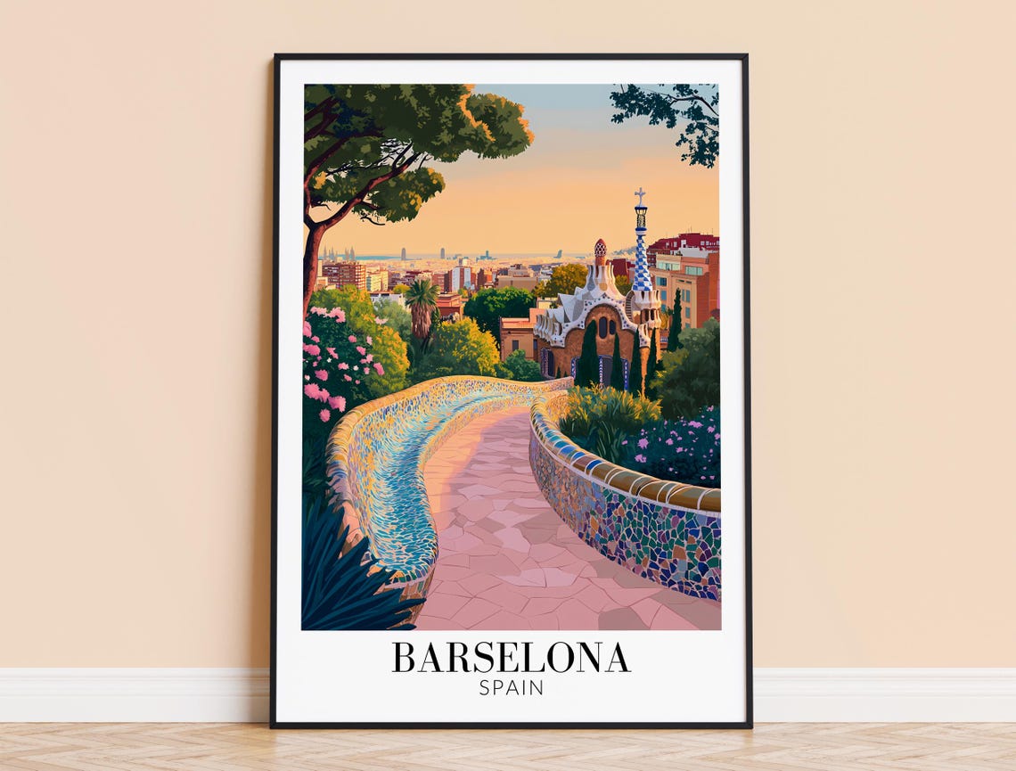 Barcelona Park Guell Mosaic Terrace Glowing Dusk View Poster