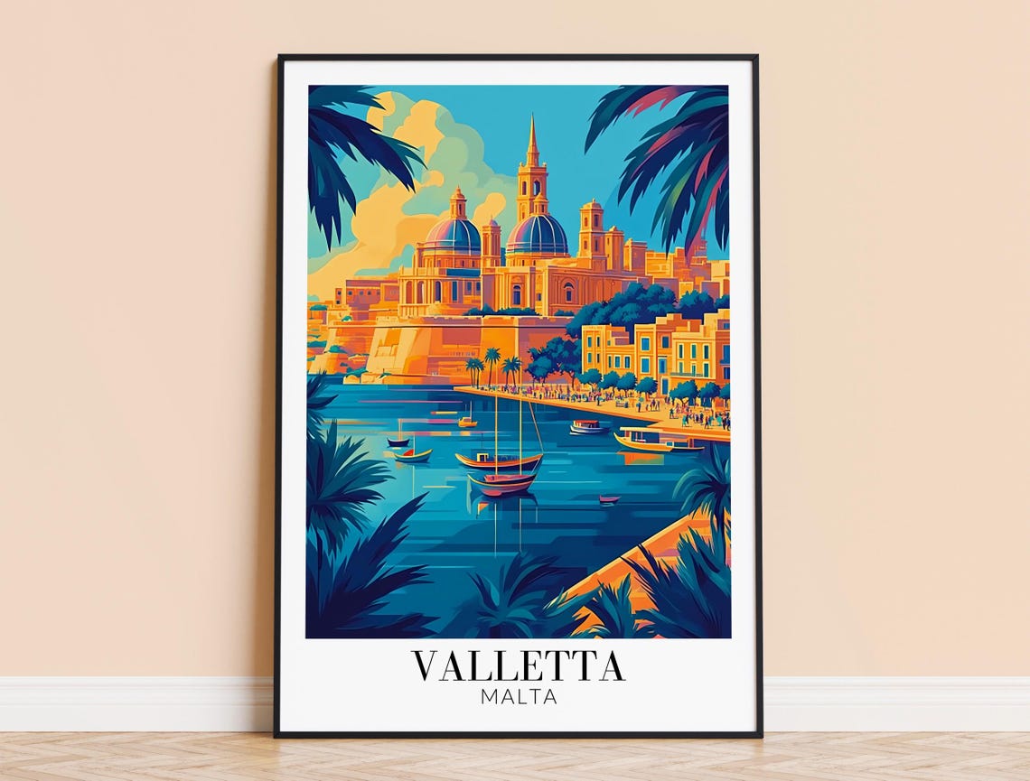 Valletta Malta Grand Harbour Waterfront Sunset Travel Poster