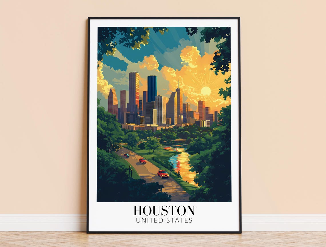 Houston Texas Downtown Skyline Sunset River Reflection Poster