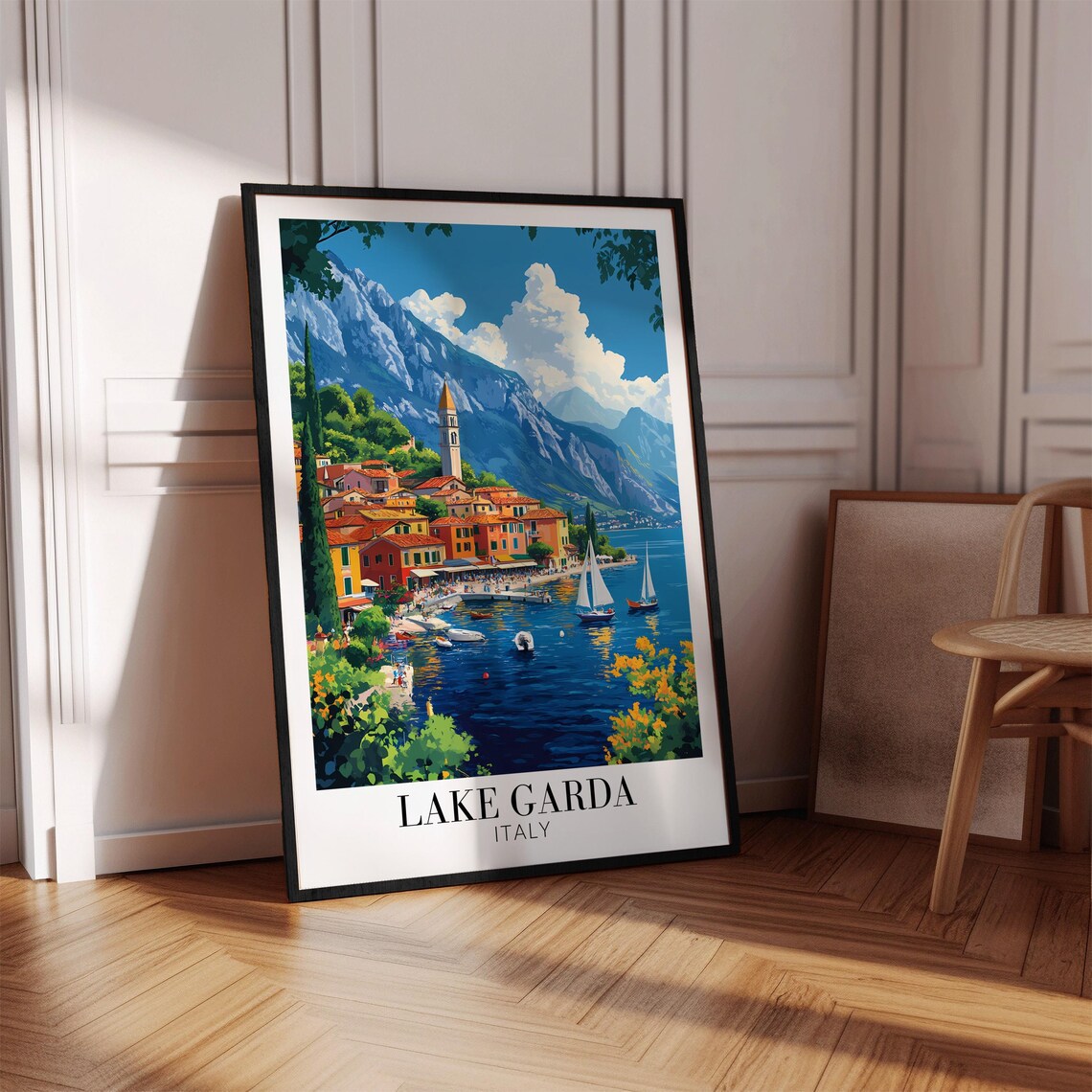 Lake Garda Italy Sailboats Village Church Spire Calm Water Poster - Image 4