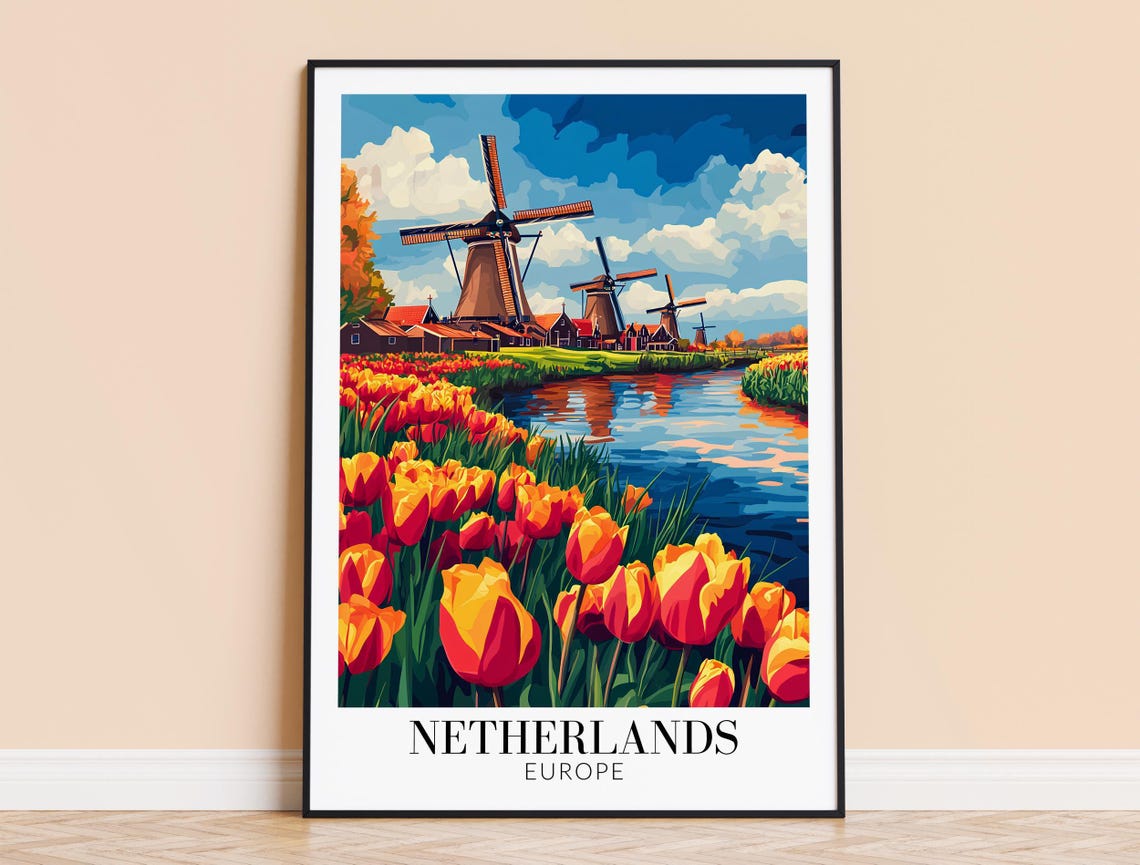 Netherlands Windmills Tulip Fields Canal Spring Travel Poster