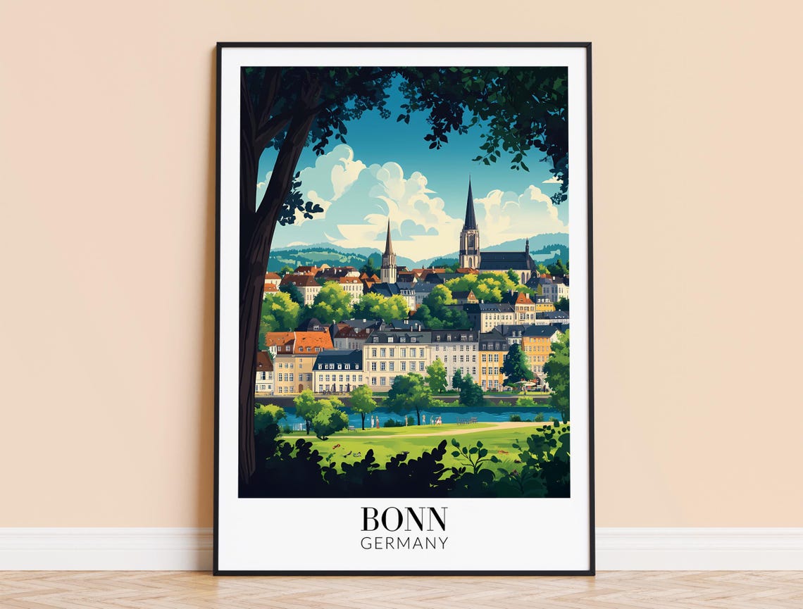 Bonn Germany Old Town Riverfront Spires Summer Travel Poster