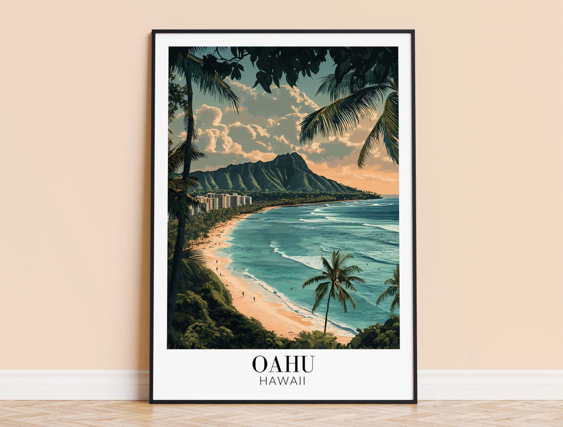 Oahu Hawaii Waikiki Diamond Head Vintage Teal Island Travel Poster