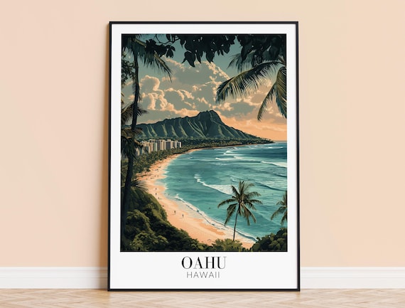 Oahu Hawaii Waikiki Diamond Head Vintage Teal Island Travel Poster