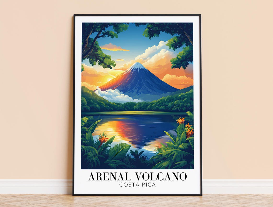Arenal Volcano Costa Rica Lake Reflection Jungle Sunset Travel Poster