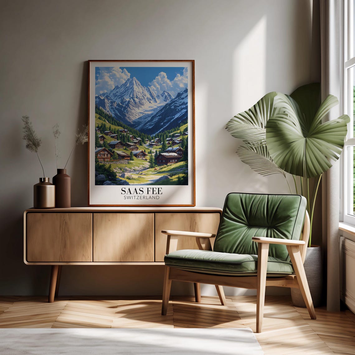 Saas Fee Switzerland Summer Alpine Village Chalets Travel Poster - Image 2