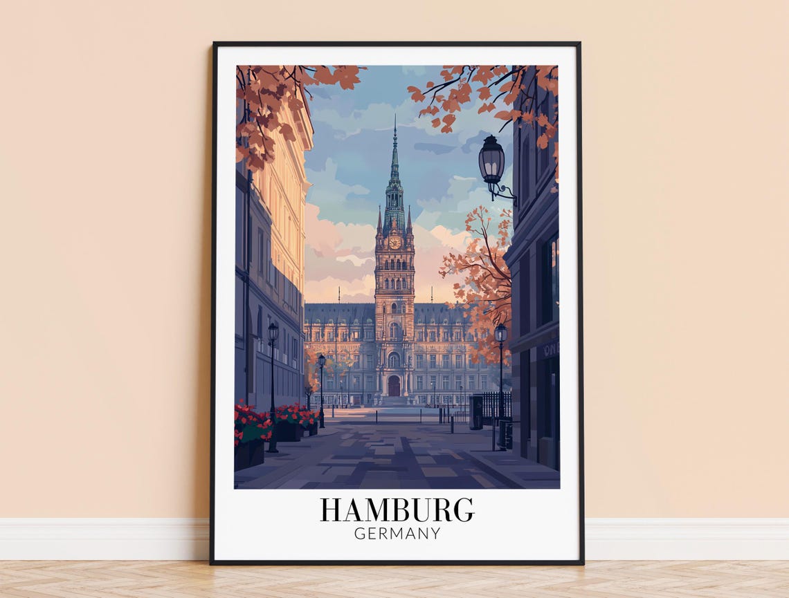 Hamburg Germany Rathaus Clock Tower Autumn Boulevard Scene Poster