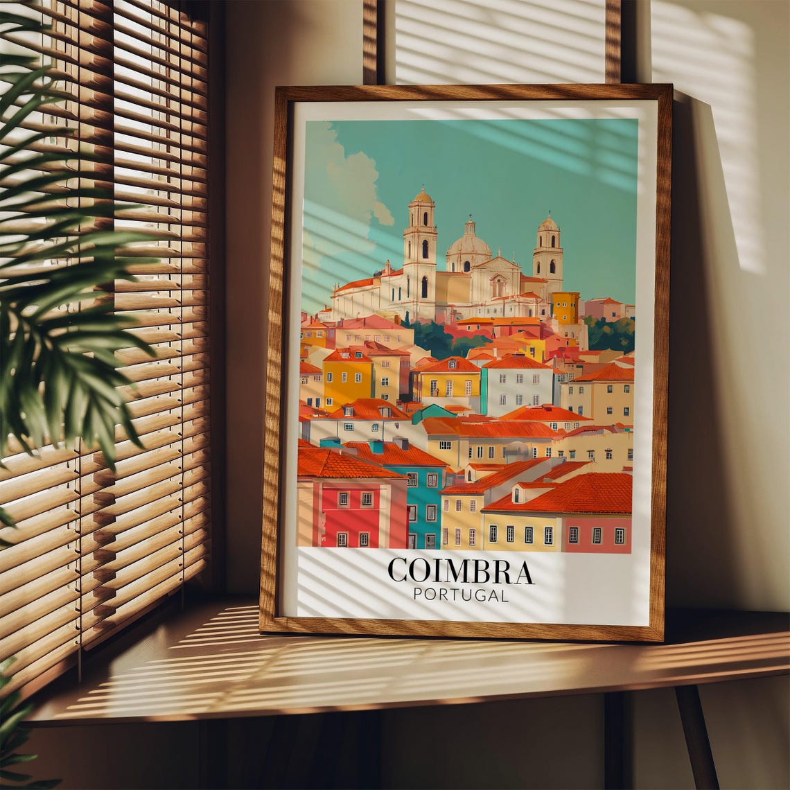 Coimbra Portugal Old Town Hilltop Cathedral Teal Sky Travel Poster - Image 3
