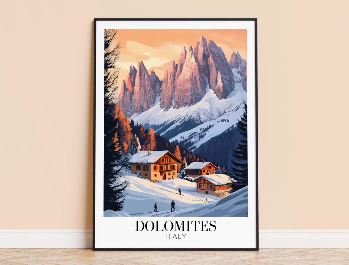 Dolomites Snowy Peaks Alpine Chalets Evening Glow Travel Poster