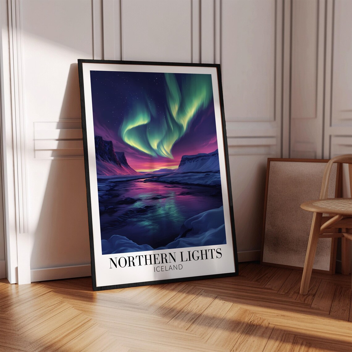 Iceland Northern Lights Aurora Waves Over Rocky Snow Coast Poster - Image 4