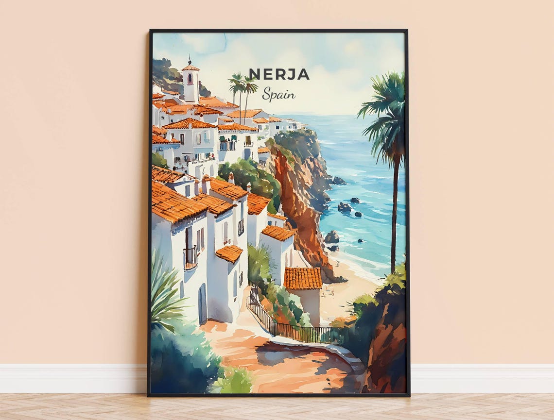 Nerja Spain Watercolor Whitewashed Cliffside Coastal Town Art Poster