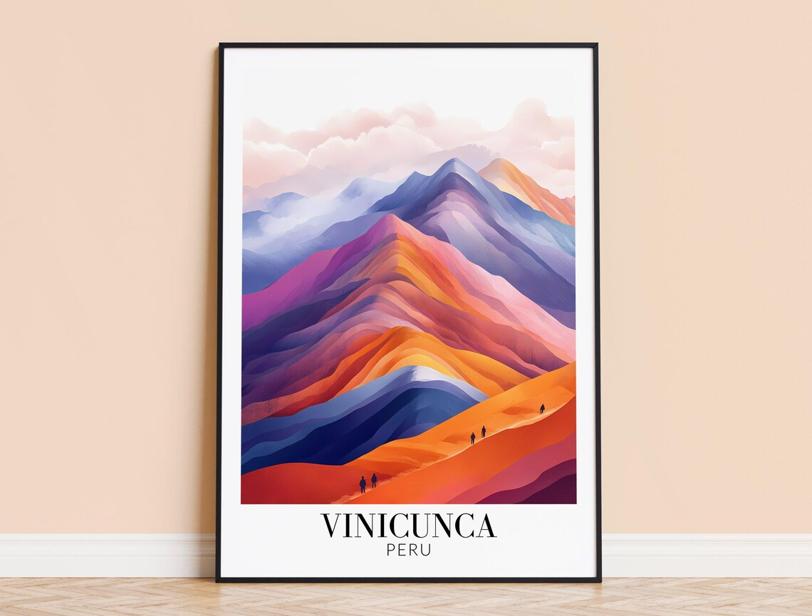 Vinicunca Rainbow Mountain Peru Travel Poster Colorful Peaks Scene