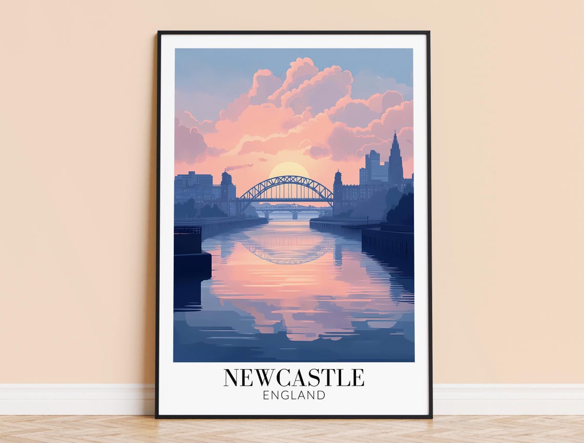 Newcastle England Tyne Bridge Dawn Pink Cloud City Travel Poster