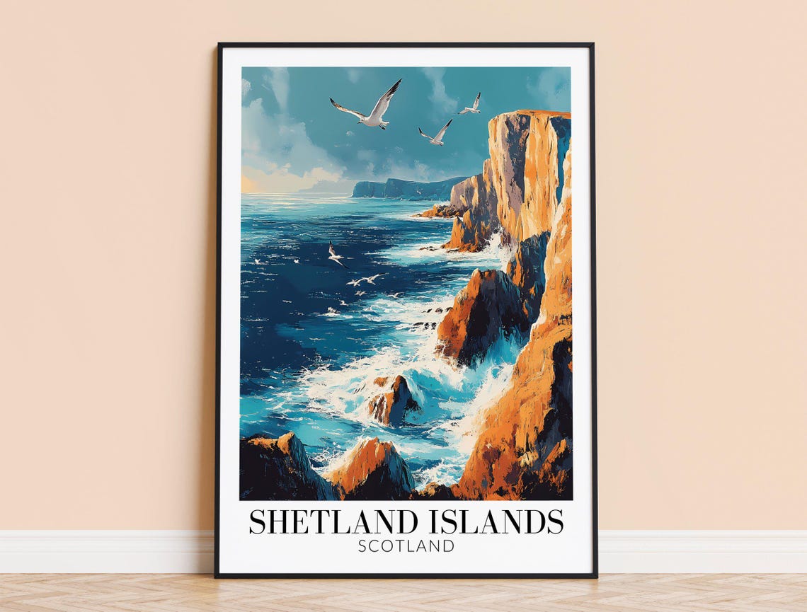 Shetland Islands Scotland Dramatic Cliffs Seagulls Waves Poster
