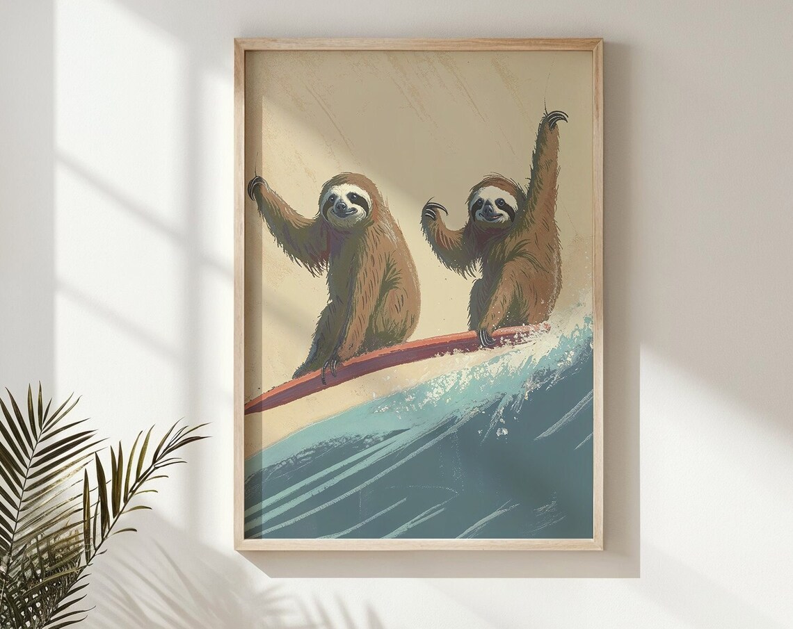 Sloth Surfing Nursery Art Print, Nautical Ocean Theme