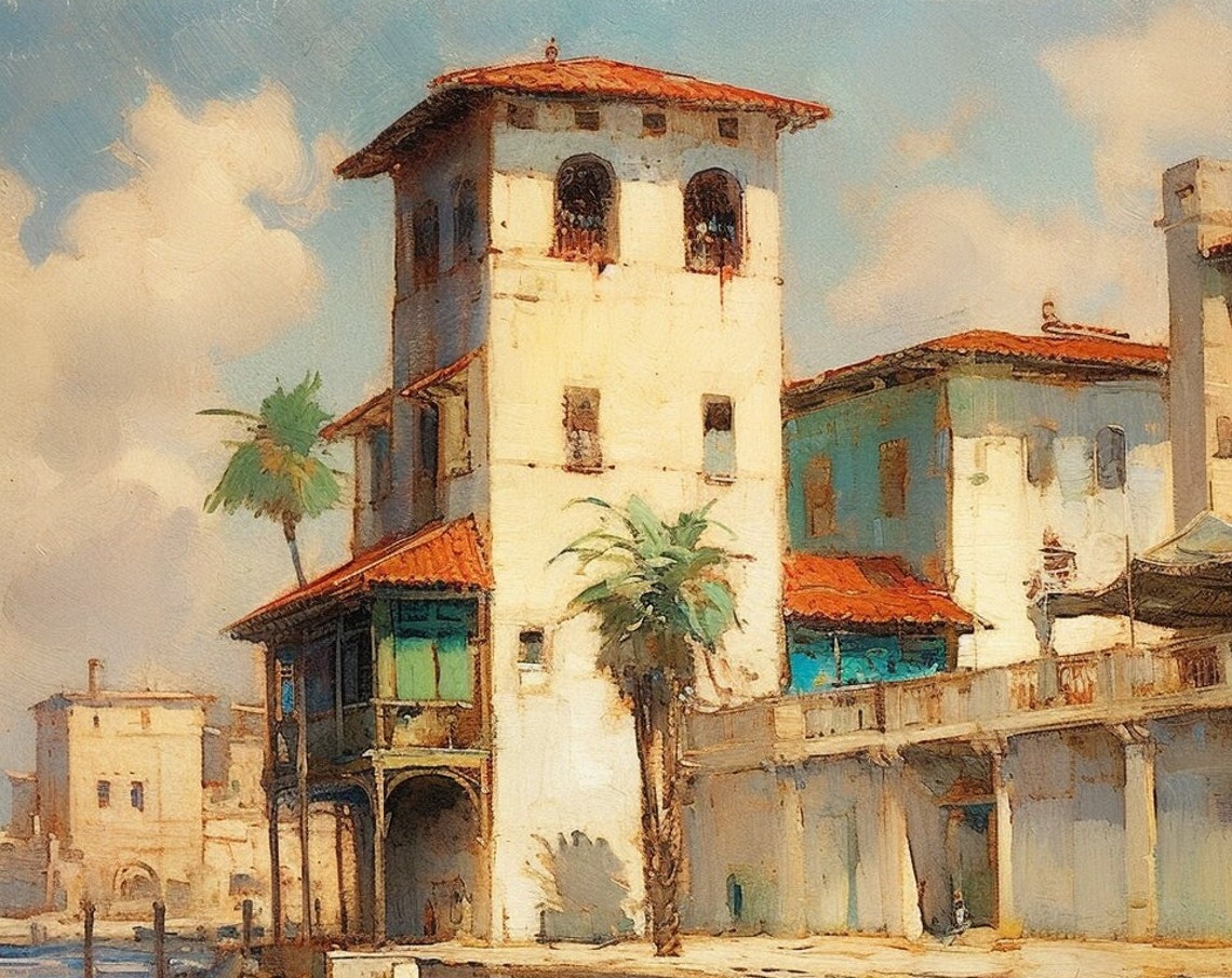 European Old Town Tower with Palm Trees Classic Townscape Poster