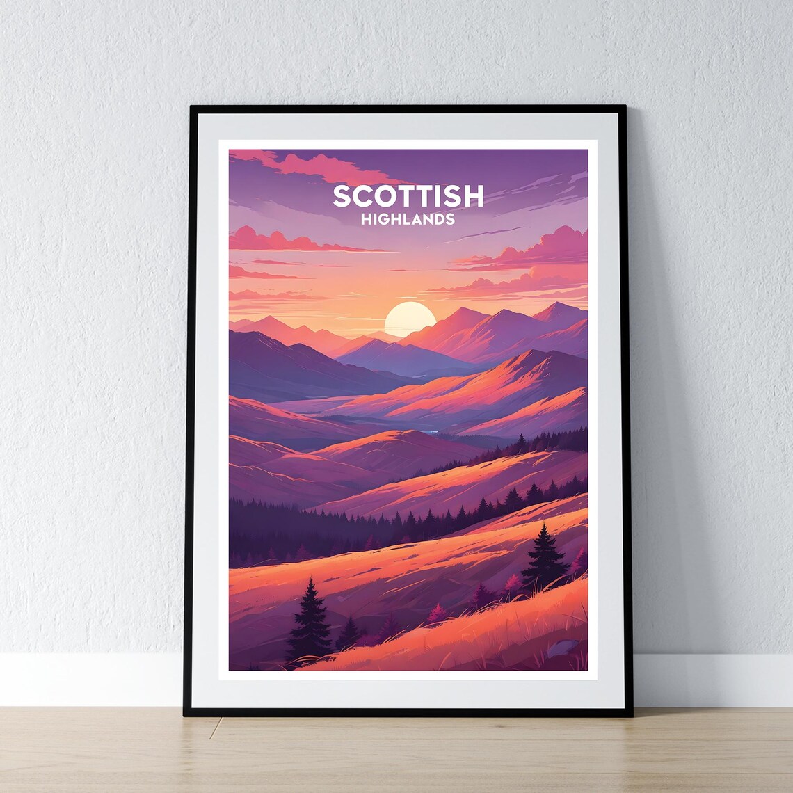Scottish Highlands Sunset Mountain Landscape Purple Sky Travel Poster
