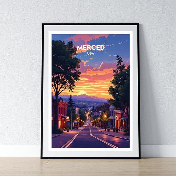 Merced USA Sunset Street Scene Vintage Travel Illustration Poster