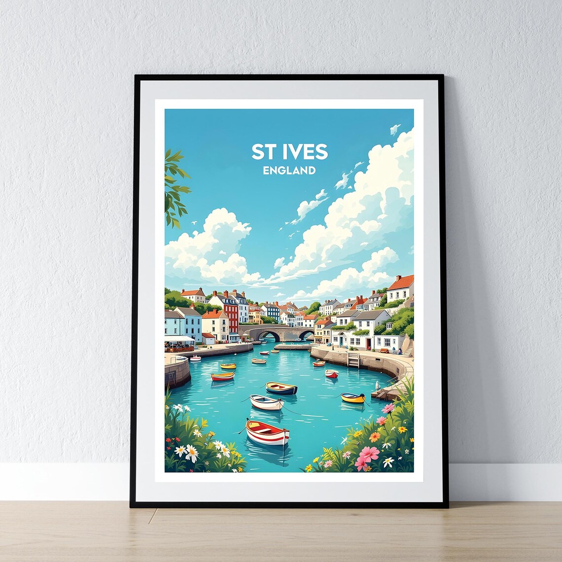 St Ives England Harbor Boats Colorful Retro Travel Illustration Poster
