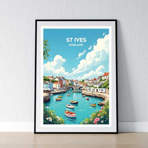 St Ives Poster Cornwall Print England Wall Art Gift Travel British Home Decor Illustration