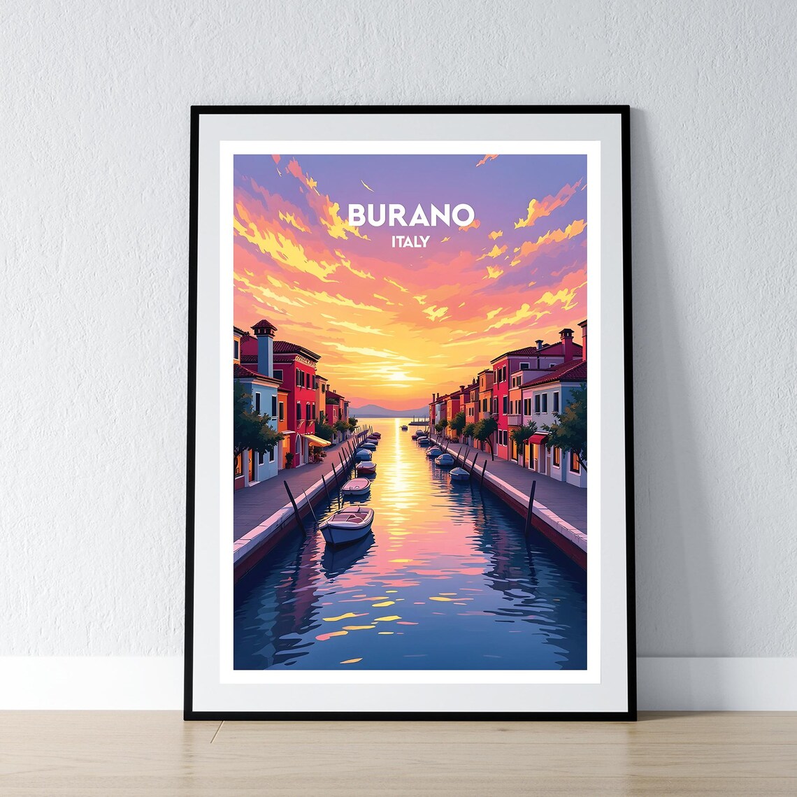 Burano Italy Sunset Canal Golden Sky Colorful Houses Travel Poster