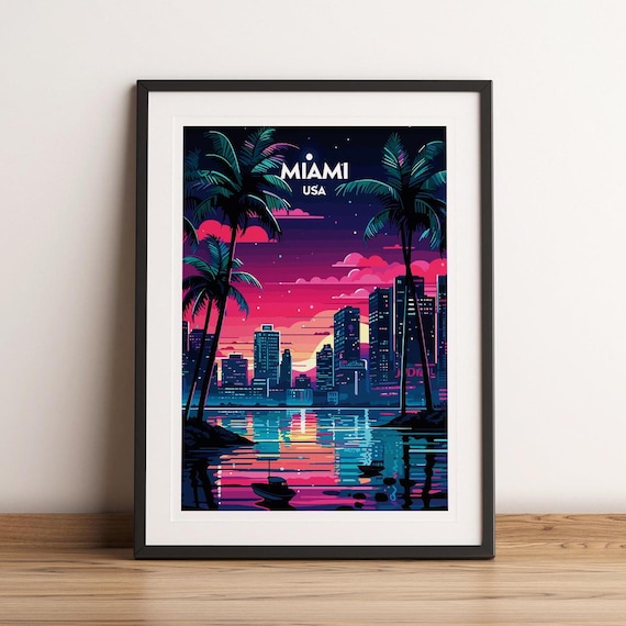 Miami USA Neon Night Skyline with Palm Trees Retro City Poster