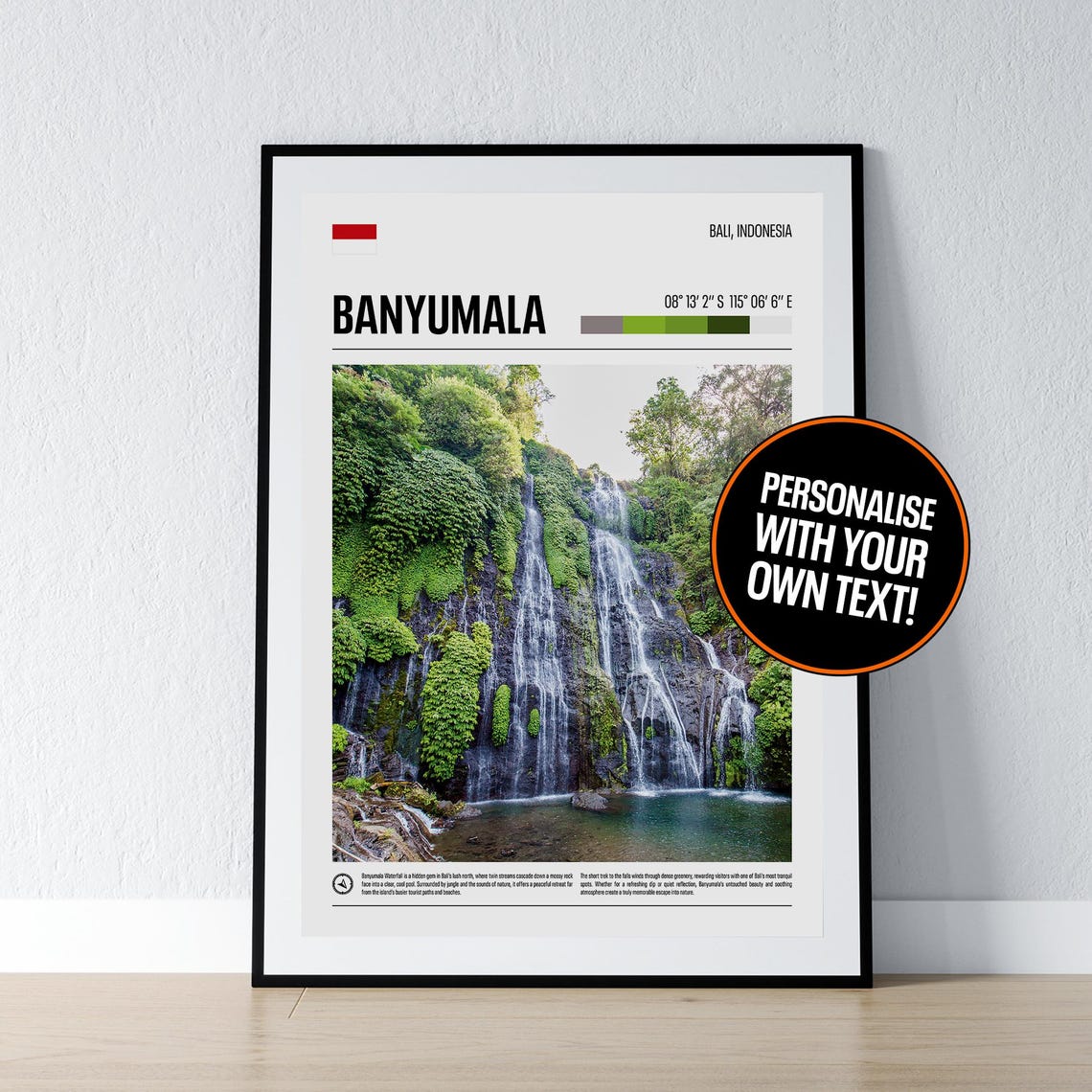 Banyumala Waterfall Bali Indonesia Coordinates Travel Gift Poster