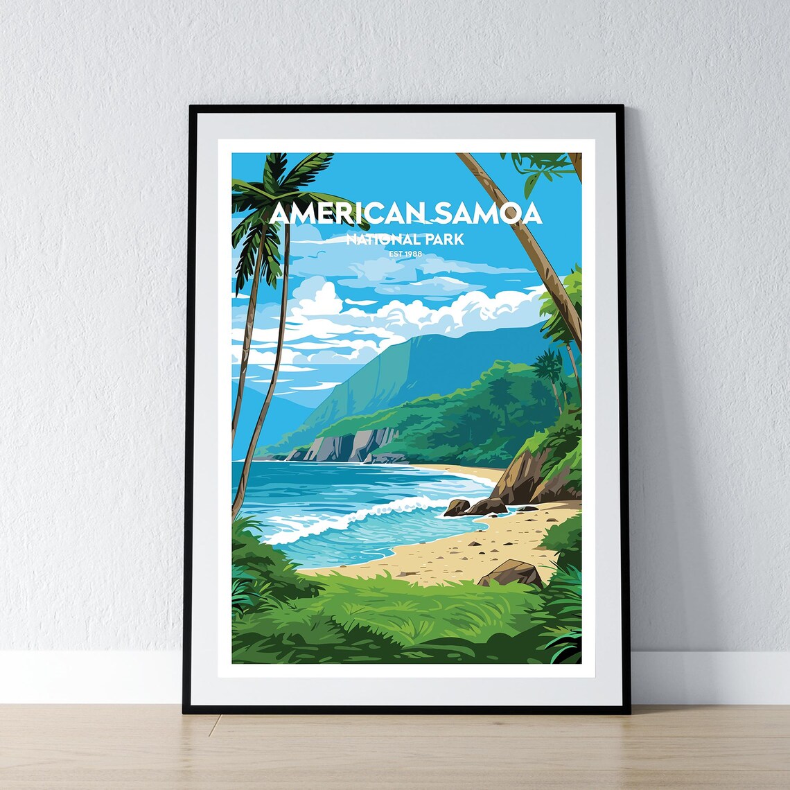 American Samoa National Park Tropical Beach Palms Vintage Travel Poster
