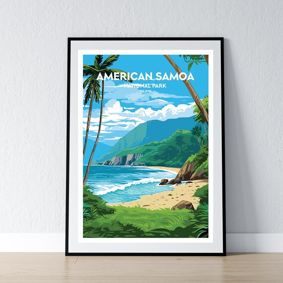 American Samoa National Park Tropical Beach Palms Vintage Travel Poster
