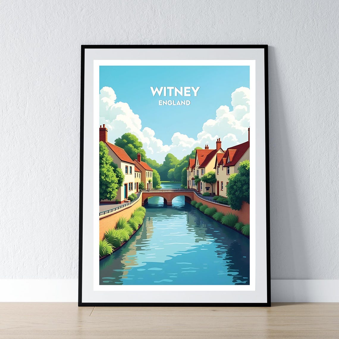 Witney England Stone Bridge Canal Waterfront Cottages Travel Poster