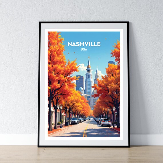 Nashville USA Autumn Street Fall Colors Downtown Travel Poster