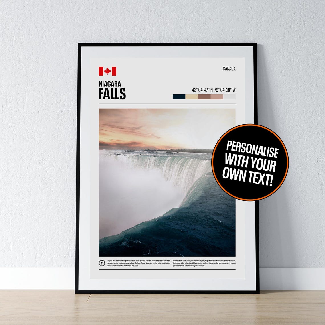 Niagara Falls Sunset Horseshoe Curve Mist Canada Coordinates Poster