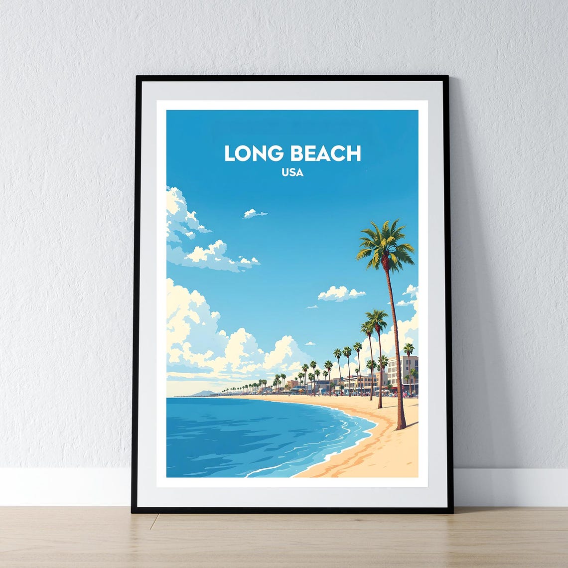 Long Beach USA Beach Palm Trees Ocean Skyline Summer Travel Poster