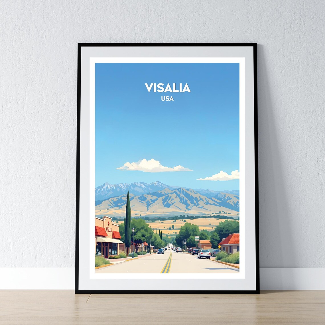 Visalia USA Vintage Travel Poster with Mountain Town Street View
