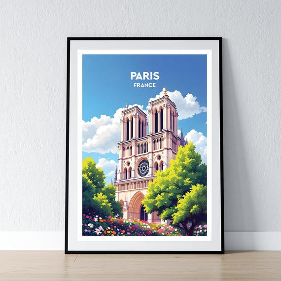 Paris Poster Notre Dame Print Church Wall Art Gift Travel France French Home Decor Illustration