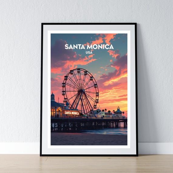 Santa Monica Poster Los Angeles Print Wall Art Gift Travel Home Decor Illustration