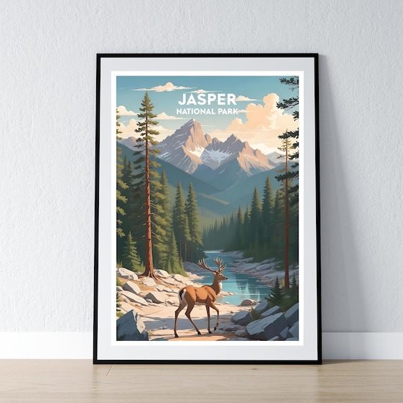 Jasper National Park Deer by River Mountain Valley Travel Poster