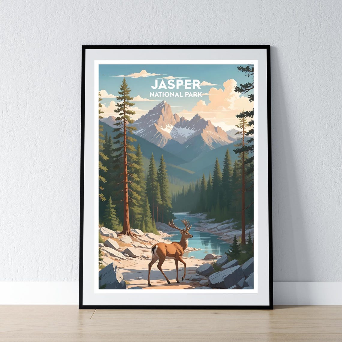 Jasper National Park Deer by River Mountain Valley Travel Poster