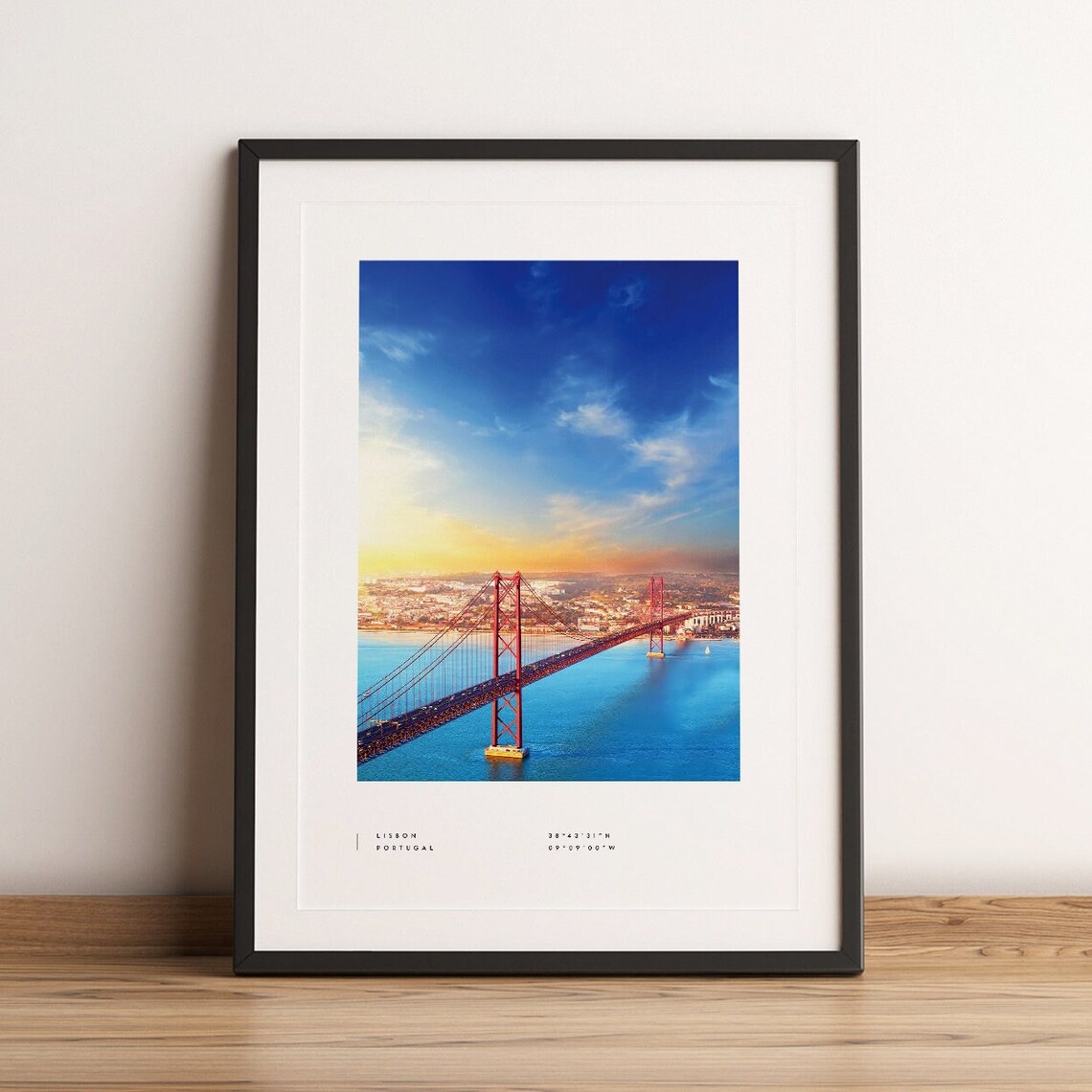 Lisbon Portugal Red Suspension Bridge Sunset Tagus River Travel Poster
