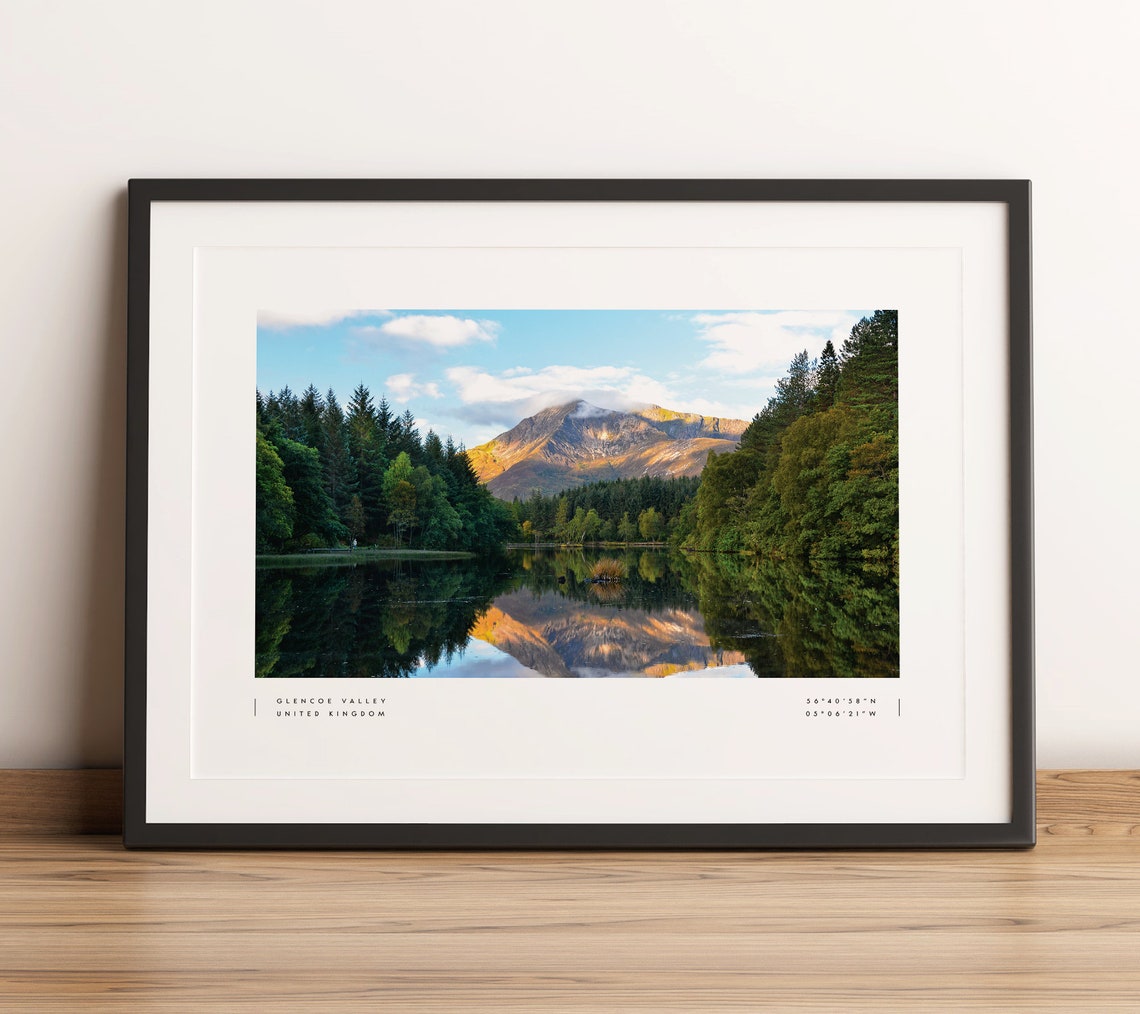 Glencoe Valley Scotland Mountain Lake Coordinates Photo Print