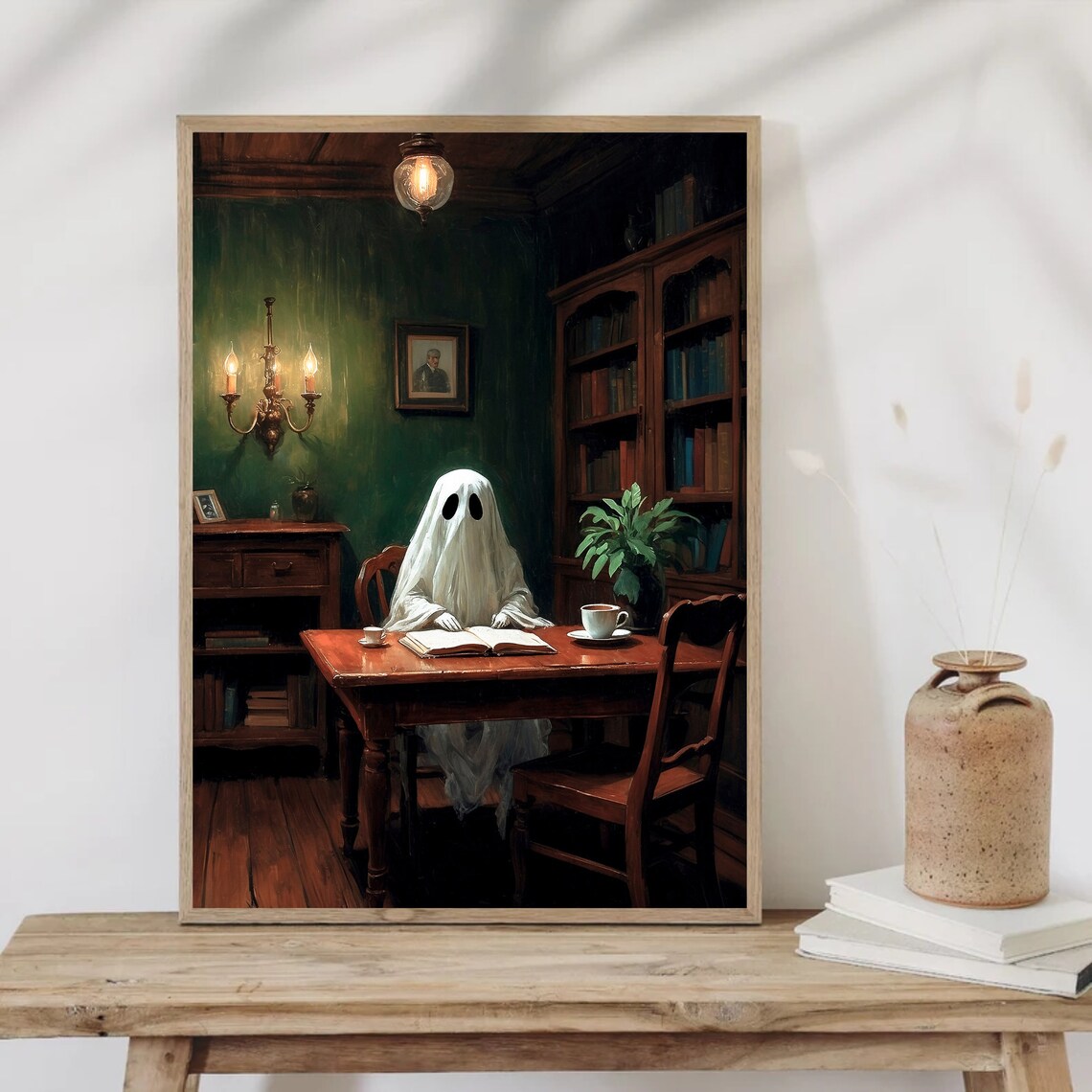 Ghost Reading A Book At A Desk In A Candlelit Vintage Library Painting Poster - Image 4