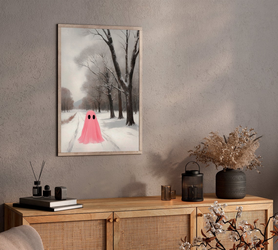 Pink Ghost on Snowy Path Among Tall Frosted Winter Trees Print - Image 2